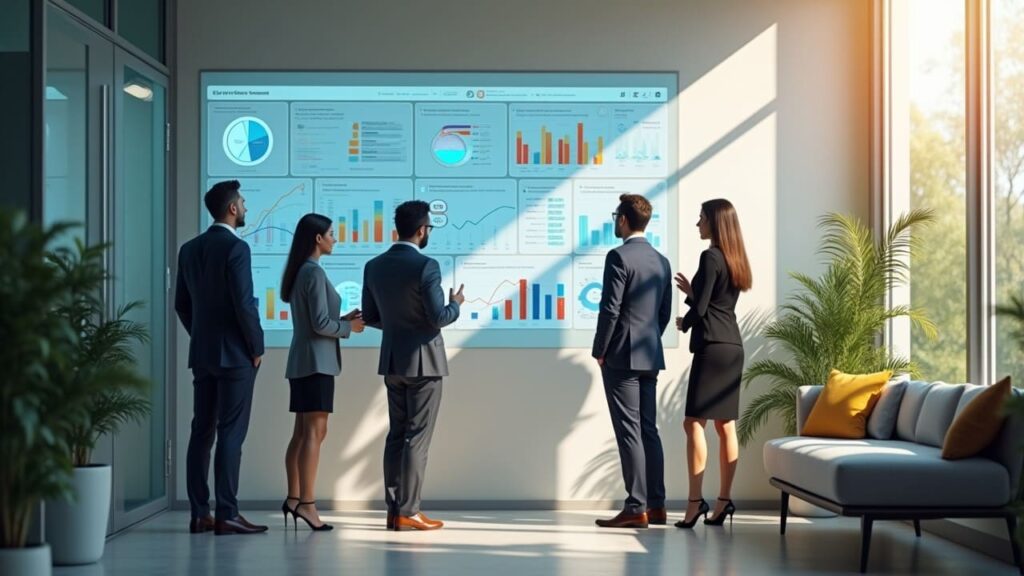 Ottimizzazione dei flussi aziendali con strumenti digitali. Dipendenti in ufficio che analizzano processi aziendali digitalizzati.